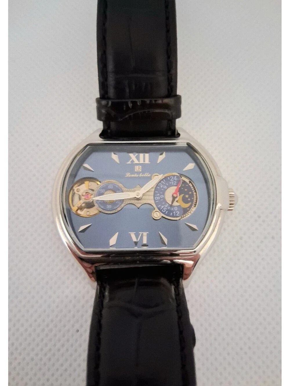 SUPER RARE Louis Bolle Pioneer II Men's Automatic Skeleton 44mm Moon Phase Watch